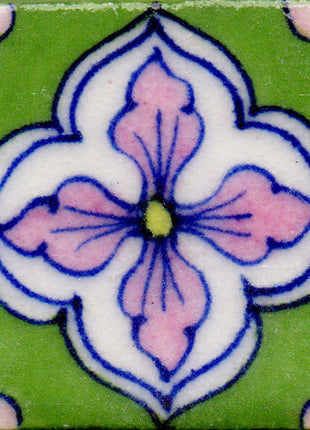 Pink Flower Design On Green Base Tile