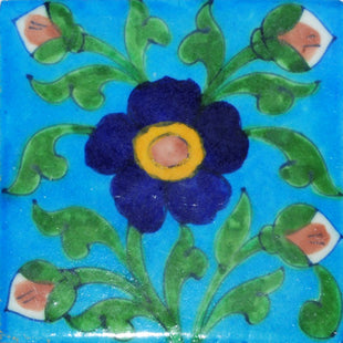 Blue and Yellow Flower with Green Leaf on Turquoise Base Tile (4x4)