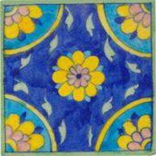 Blue tile with yellow flowers in center & corners (4x4-bpt10)