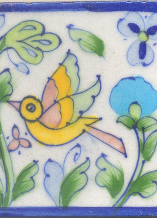 Yellow,Brown and Green Bird and Lime Green leaf with White Base Tile