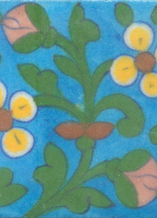 Yellow and Brown Flowers and Green leaf with Turquoise Base Tile