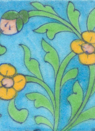 Yellow and Pink Flowers and Green leaf with Turquoise Base Tile