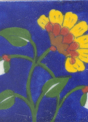 Yellow, Red and Brown Flower and Green leaf with Blue Base Tile