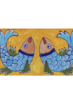 Two Turquoise,Brown,Green and Blue Fish with Yellow Base Tile