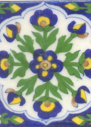 Blue, Yellow and Brown Flowers with White Base Tile