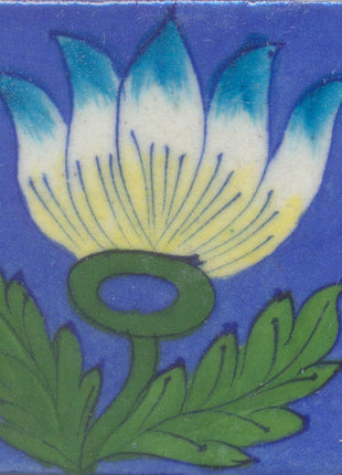 Turquoise and Yellow Flower and Green leaf with Blue Base Tile
