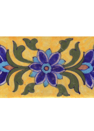Blue,Brown and Turquoise Flowers and Green Leaf with Yellow Base Tile