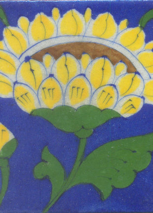Yellow and Brown Flower and Green leaf with Blue Base Tile