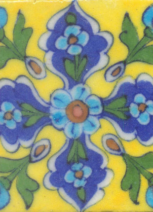 Turquoise Flower Green leaf Blue and Yellow Base Tile