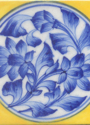 Blue Flower and leaf with Yellow Base Tile