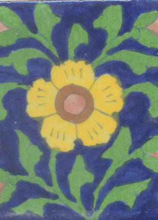 Yellow Flower and Green leaf with Blue Base Tile