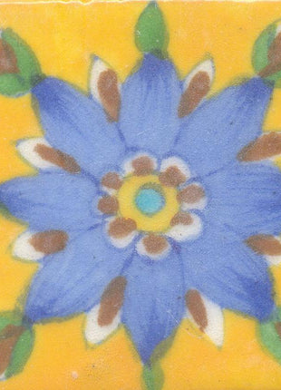 Light Blue,Yellow and Brown Flower and Green leaf with Yellow Base Tile