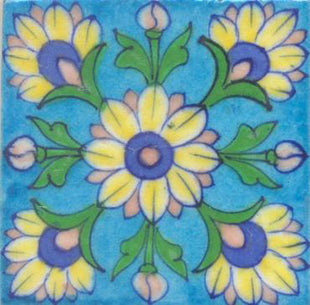 Yellow and Blue Flowers and Green leaf with Turquoise Base Tile