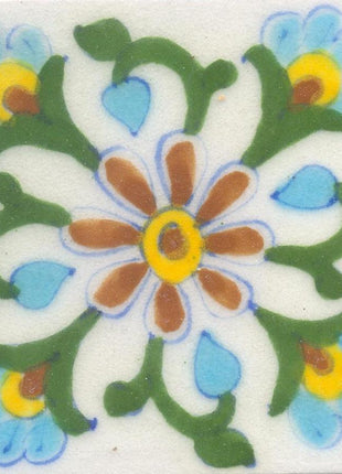 Brown,Yellow and Turquoise Flowers and Green leaf with White Base Tile