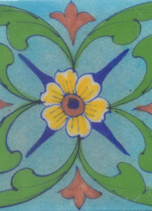 Yellow and Brown Flower and Green leaf with Turquoise Base Tile