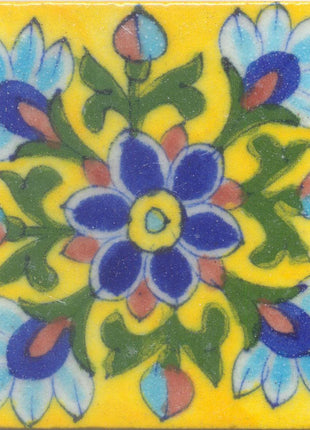Turquoise, Blue and Brown Flowers and Green leaf with Yellow Base Tile