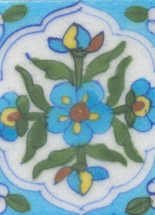 Turquoise,Yellow and Brown Flowers and Green leaf with Turquoise and White base Tile