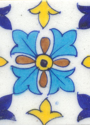 Blue,Yellow,Turquoise and Brown Flowers design with White Base Tile