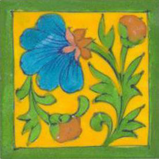 Turquoise and pink flowers with green border on yellow tile (3x3-bpt14)