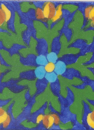 Brown,Yellow and Turquoise Flowers and Green leaf with Blue Base Tile