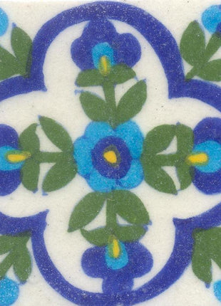 Turquoise and Blue Flowers and Green leaf with White base Tile