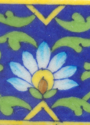 Yellow,Brown and Turquoise Flower and Green leaf with Blue Base Tile