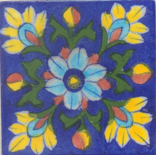 Yellow,Turquoise and Brown Flowers and Green leaf with Blue Base Tile