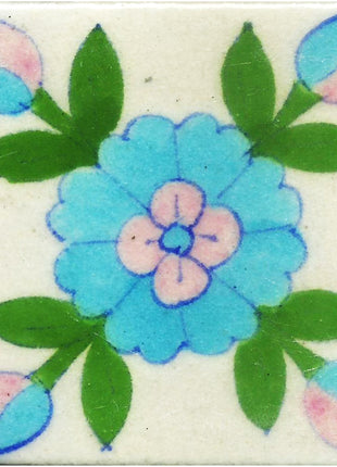 Handmade Floral Drawing Blue Pottery Tile
