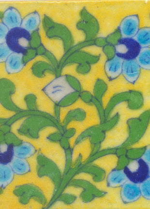 Turquoise and Blue Flowers and Green leaf with Yellow base Tile