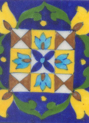 Yellow, Brown and Turquoise Flowers and Blue Base Tile