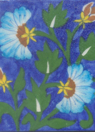 Turquoise, Brown and Yellow Flowers and Green leaf with Blue Base Tile