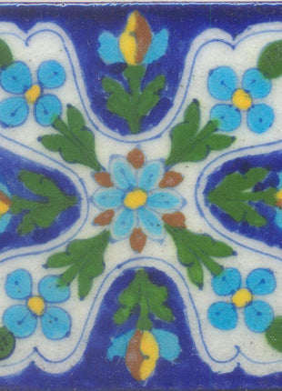 Turquoise, Yellow and Brown Flowers and Green leaf with Blue Base Tile