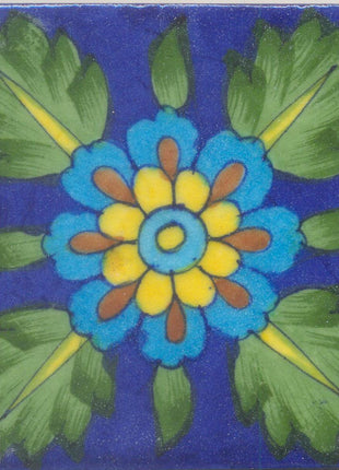 Green leaf and Yellow and Brown Flower with Blue Base Tile