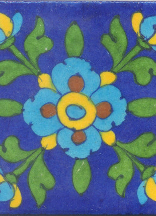 Turquoise,Brown and Yellow Flowers and Green leaf with Blue Base Tile