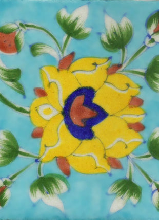 Yellow Flowers With Green Leaf on Turquoise Base Tile 4x4