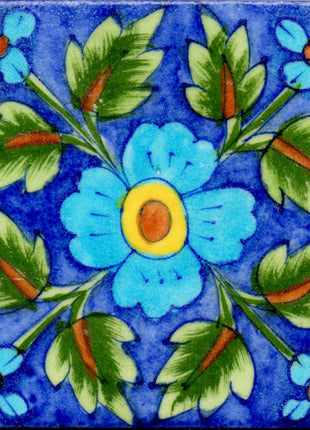Turquoise Flower and Green Leaves Design On Blue Base Tile