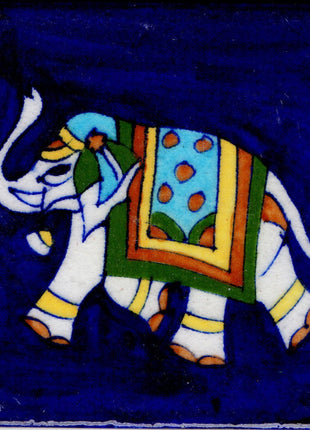 Elephant Design Handpainted Blue Pottery Tile
