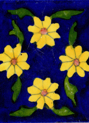 Yellow Flowers and Green Leaves Design On Blue Base Tile