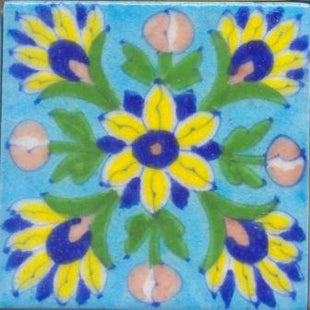 Yellow, blue, green flower on turquoise tile (3x3-bpt22)