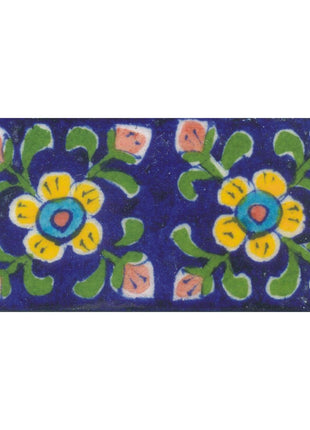 Yellow,Blue and Brown Flowers and Green leaf with Blue Base Tile