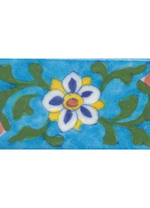 Yellow,Blue,Brown and White Flower and Green leaf with Turquoise Base Tile