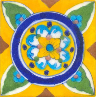 yellow white and turquoise design on blue round with green leaves on yellow tile 4x4