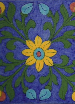 Blue Base with Green Leaves Yellow Flower Tile