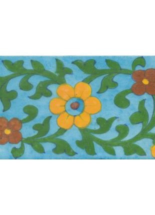Yellow,Brown and Turquoise Flower and Green leaf with Turquoise Base Tile