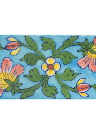 Brown and yellow Flower and Green leaf with Turquoise Base Tile