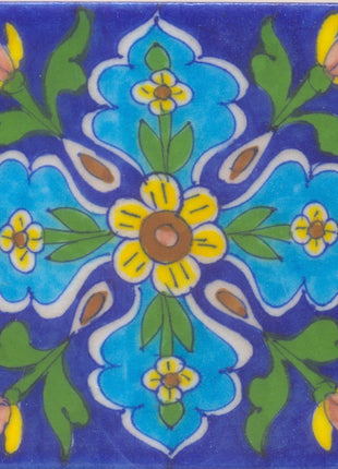 Brown and Yellow flower and Green leaf with Blue base Tile
