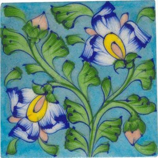 Blue flowers with green leaves on turquoise tile (6x6) .