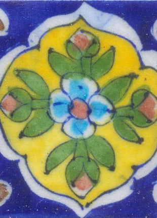 Turquoise and Brown Flower and Green leaf with Yellow and Blue Base Tile