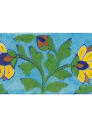 Yellow,Blue and Brown Flowers and Green leaf with Turquoise Base Tile