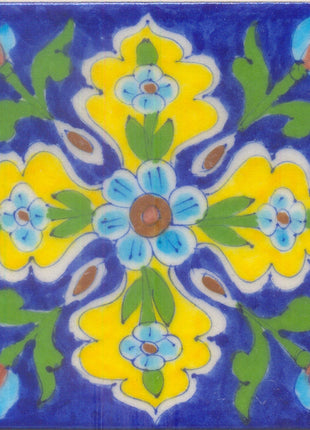 Brown and Turquoise flower and Green leaf with Blue base Tile